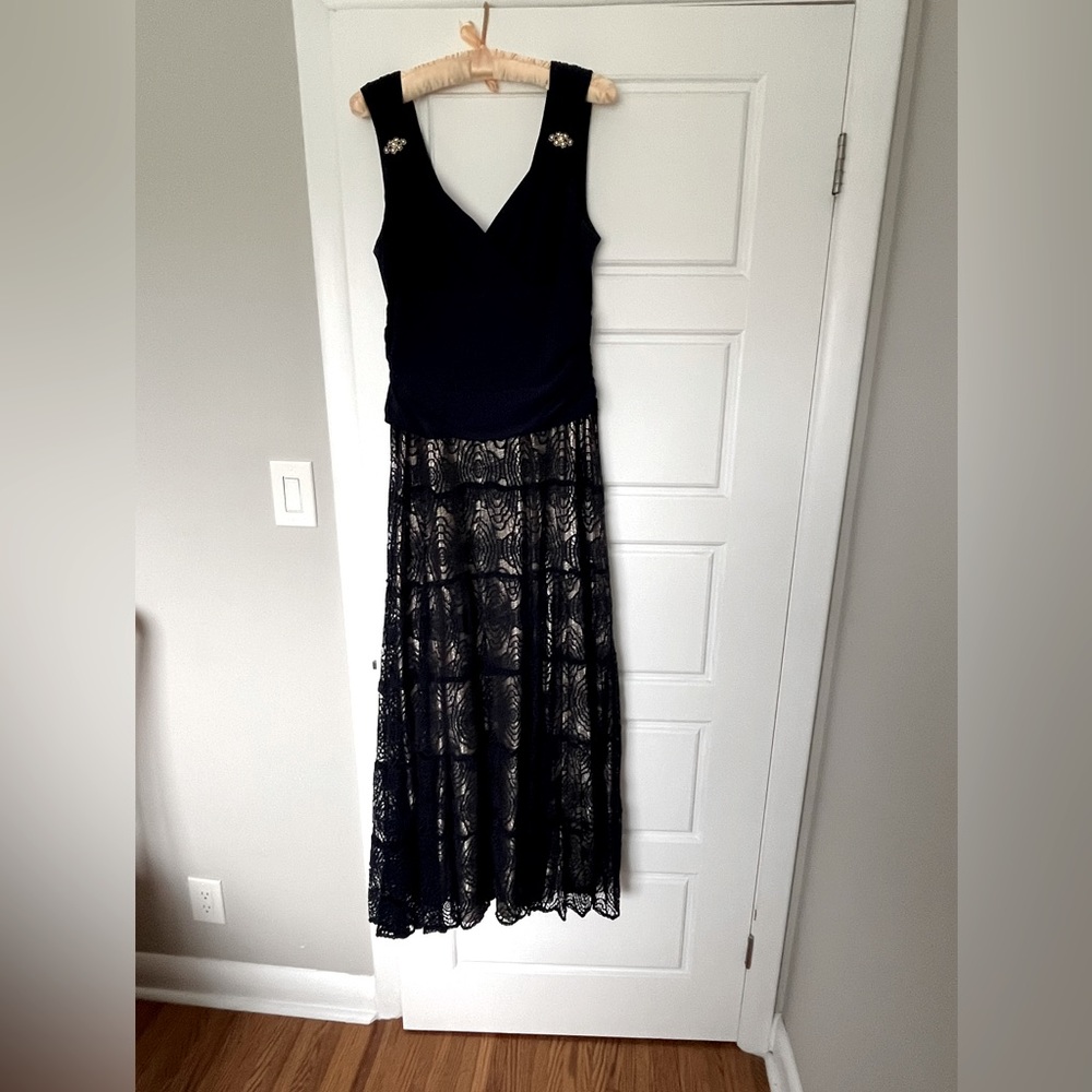 Mother of the Bride, Groom Dress. Navy Blue with Navy Blue Lace. Size 14 Petite